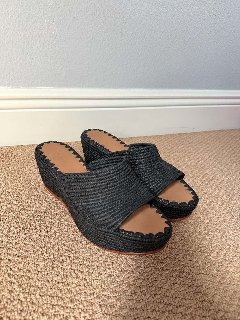 Carrie Forbes Bouchra Raffia Cutout Slide Platform Wedge Sandals Black